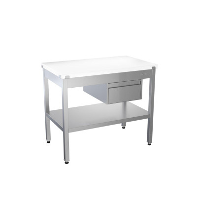 Стол АТЕСИ с полипропиленовой столешницей, 1-й сплошной полкой и 1-м ящиком без борта 1200х600х850 мм